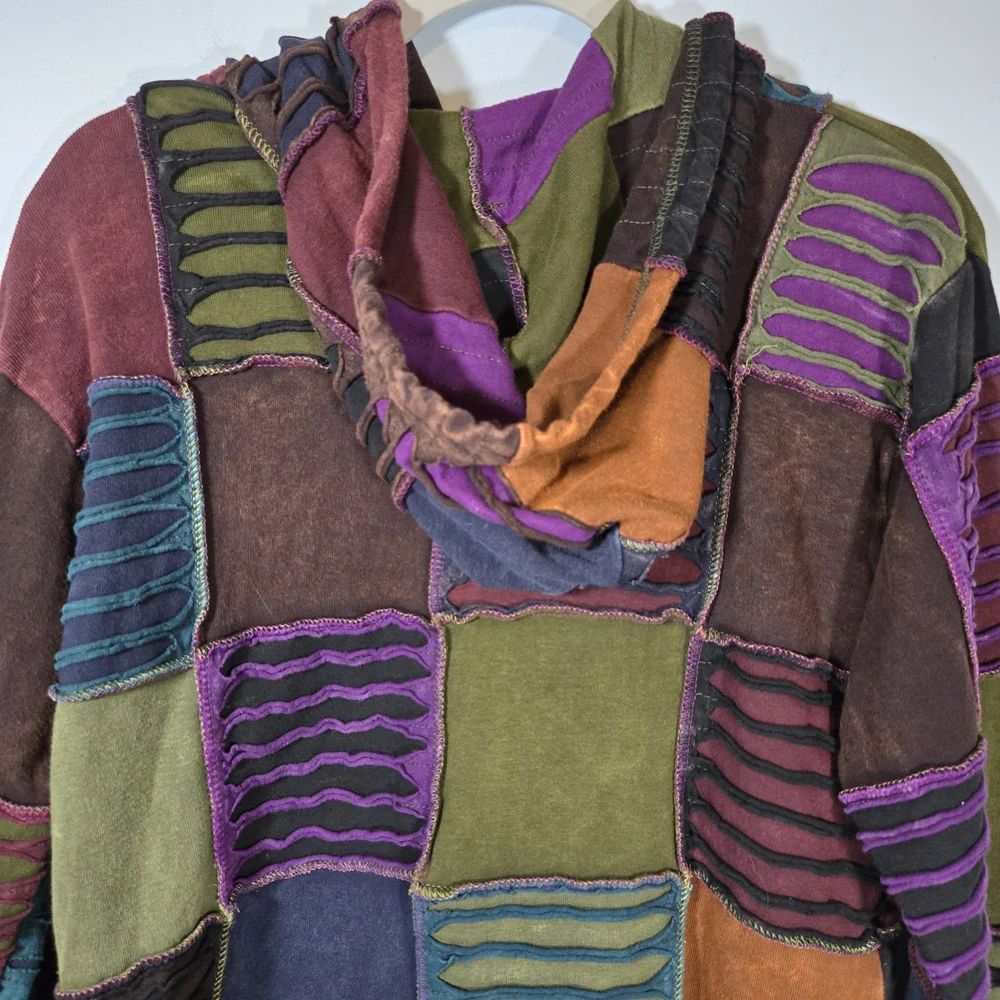 Bohemian Patchwork Zip Hoodie Jacket Made in‎ Nepal 100% Cotton XL